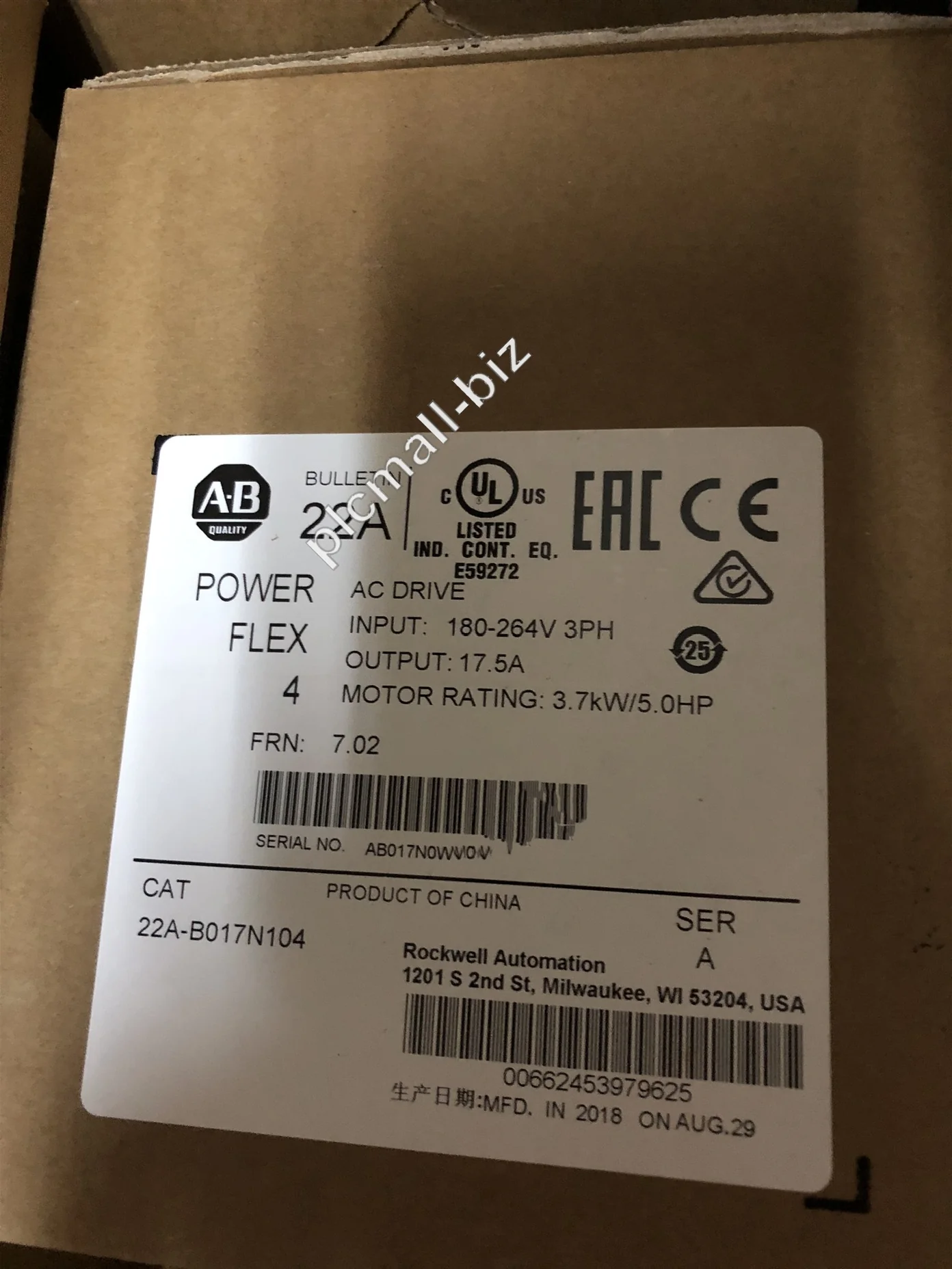 22A-B017N104 Allen Bradley PowerFlex 4- 3.7 kW (5 HP) AC Drive Brand new Fast shipping